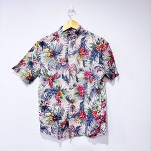 H&M Beige Tropical Floral Cotton Short Sleeve Button-Down Hawaiian Shirt Small